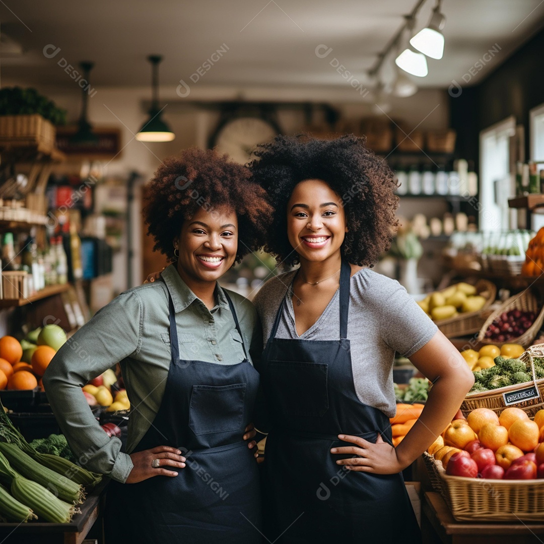 Lindas atendentes sorridentes de avental