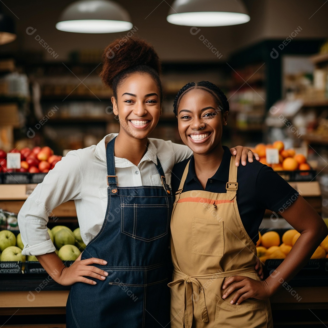 Lindas atendentes sorridentes de avental