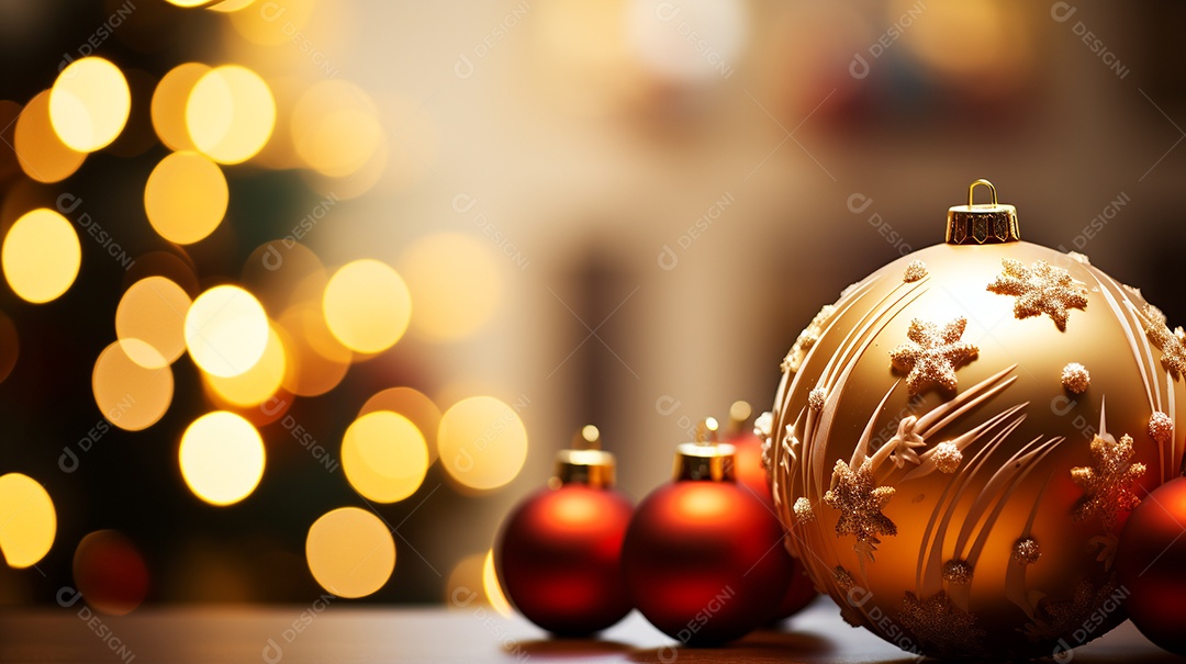 Decoração de Natal com enfeites e árvore de Natal e luzes desfocadas ao fundo.