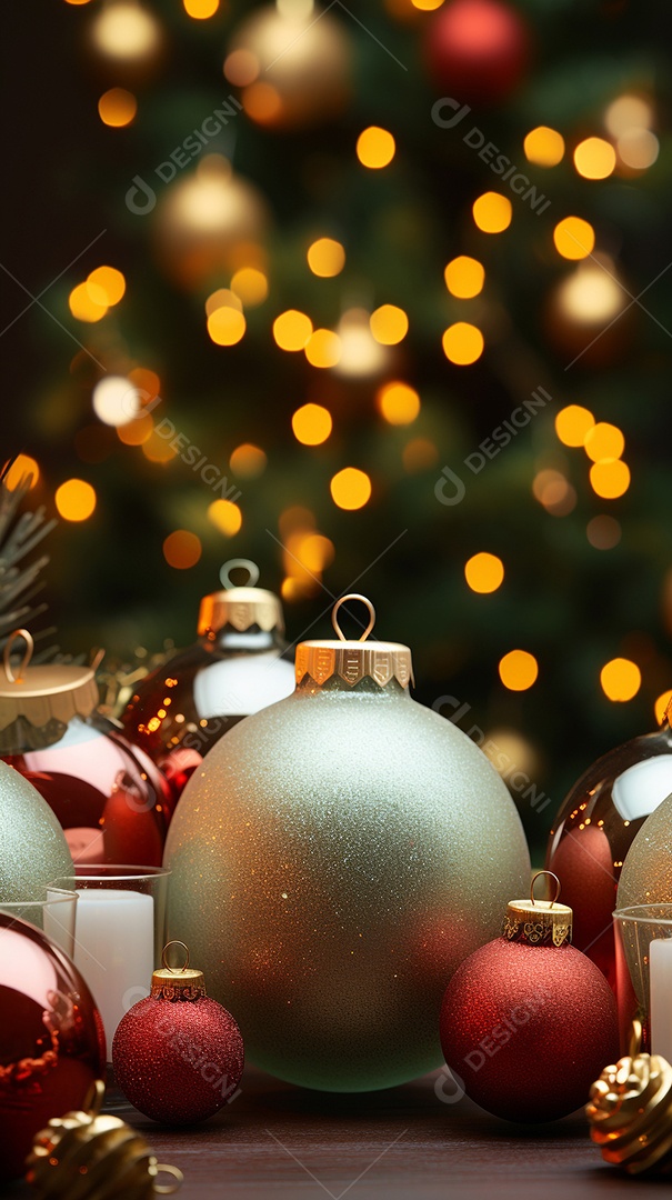 Decoração de Natal com enfeites e árvore de Natal e luzes desfocadas ao fundo.