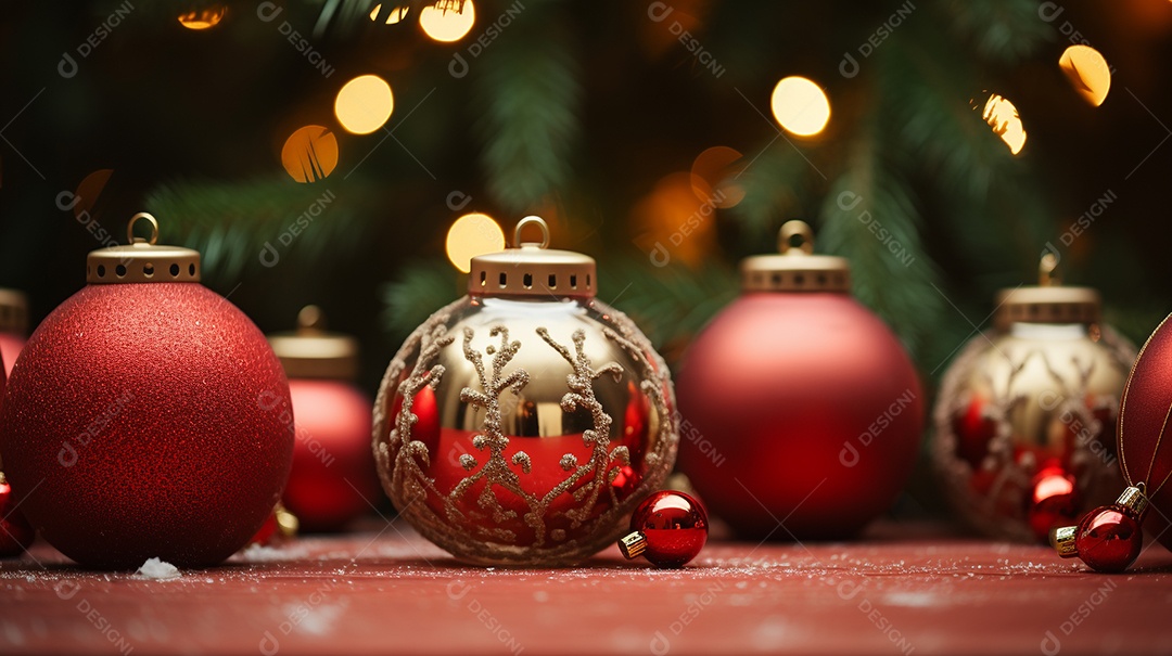 Decoração de Natal com enfeites e árvore de Natal e luzes desfocadas ao fundo.