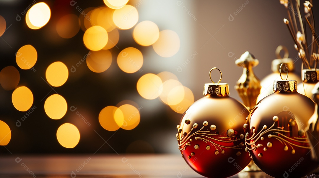 Decoração de Natal com enfeites e árvore de Natal e luzes desfocadas ao fundo.