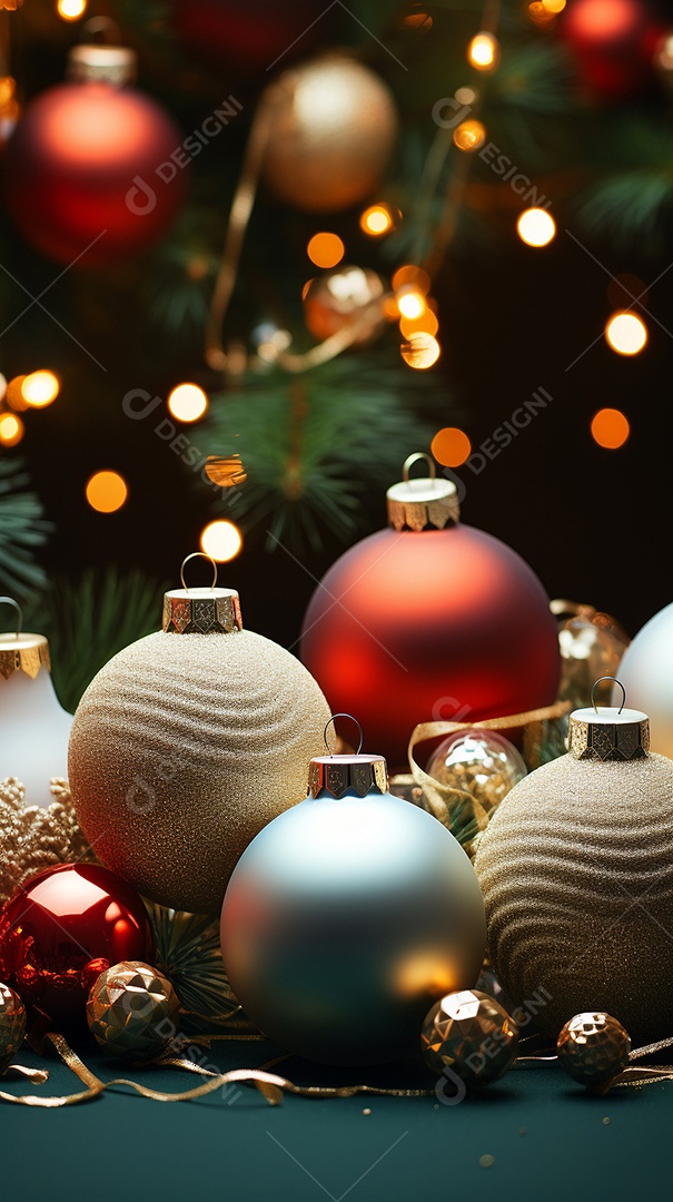 Decoração de Natal com enfeites e árvore de Natal e luzes desfocadas ao fundo.