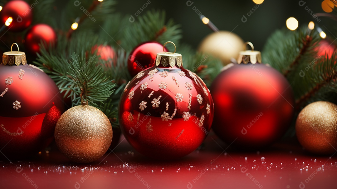 Decoração de Natal com enfeites e árvore de Natal e luzes desfocadas ao fundo.