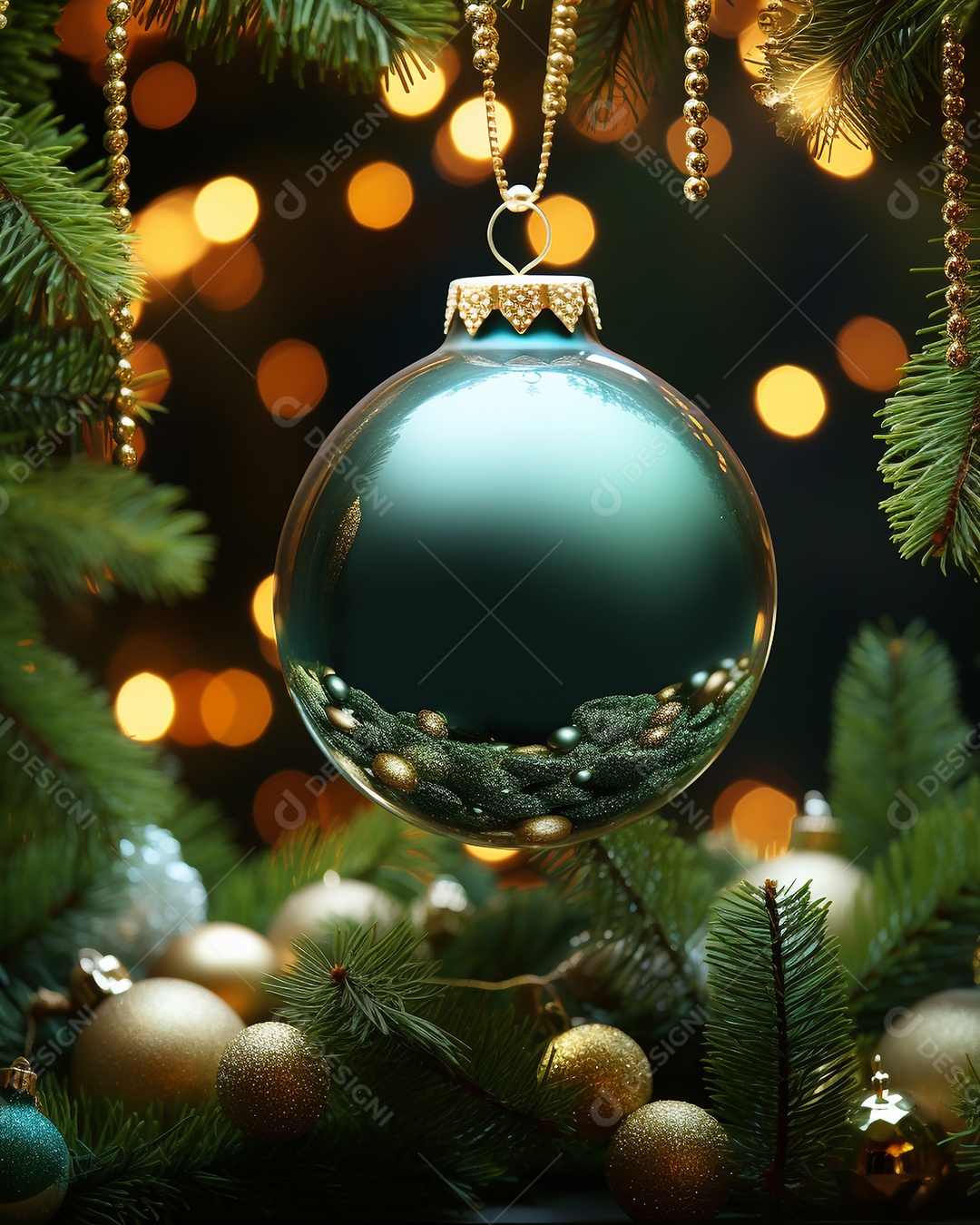 Decoração de Natal com enfeites e árvore de Natal e luzes desfocadas ao fundo.