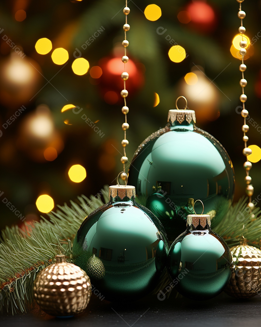 Decoração de Natal com enfeites e árvore de Natal e luzes desfocadas ao fundo.