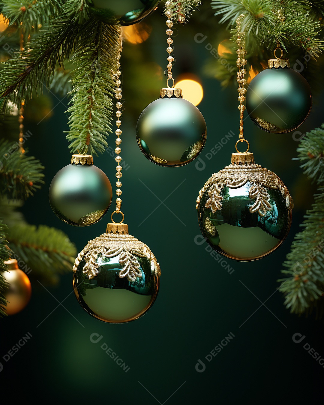 Decoração de Natal com enfeites e árvore de Natal e luzes desfocadas ao fundo.