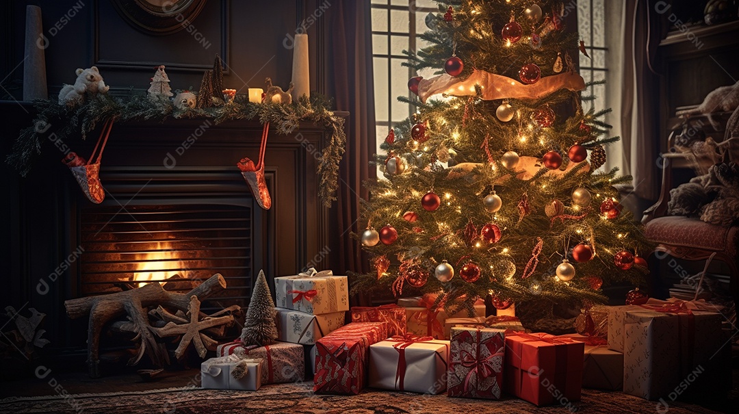 Decoração de Natal com enfeites e árvore de Natal e luzes desfocadas ao fundo.