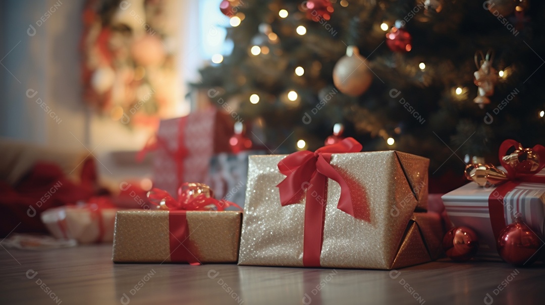 Decoração de Natal com enfeites e árvore de Natal e luzes desfocadas ao fundo.