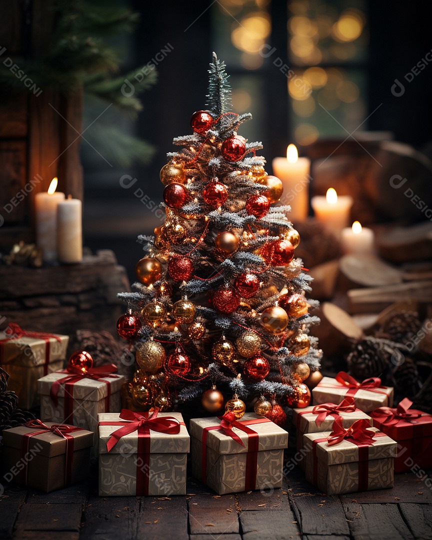 Decoração de Natal com enfeites e árvore de Natal e luzes desfocadas ao fundo.