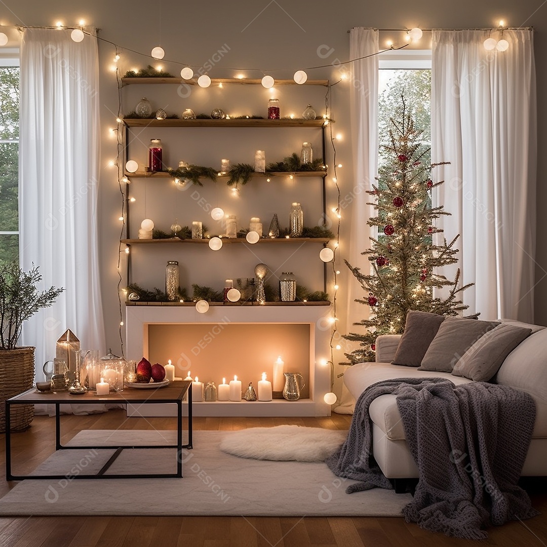Cenário de Natal com quarto decorado com árvore de Natal e enfeites e presentes.