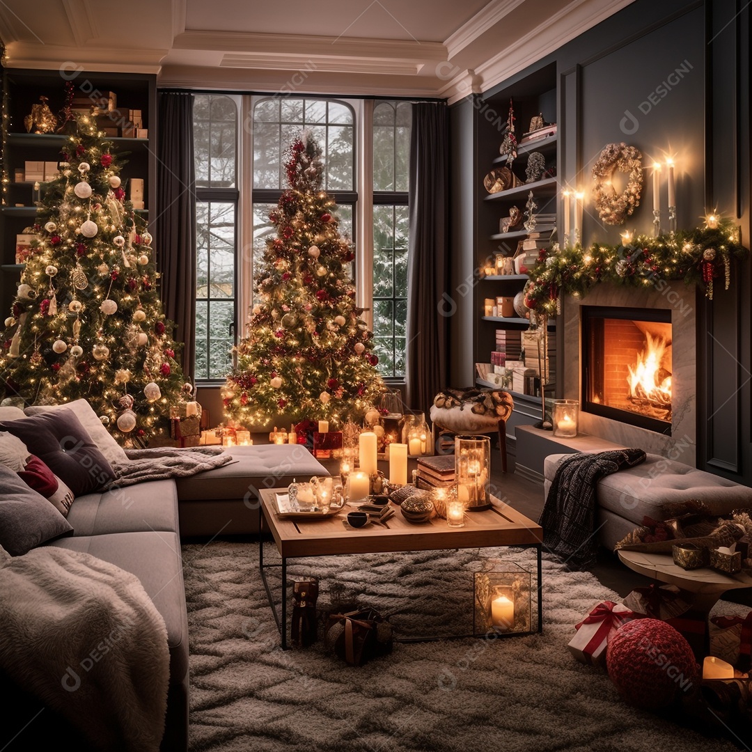 Cenário de Natal com quarto decorado com árvore de Natal e enfeites e presentes.