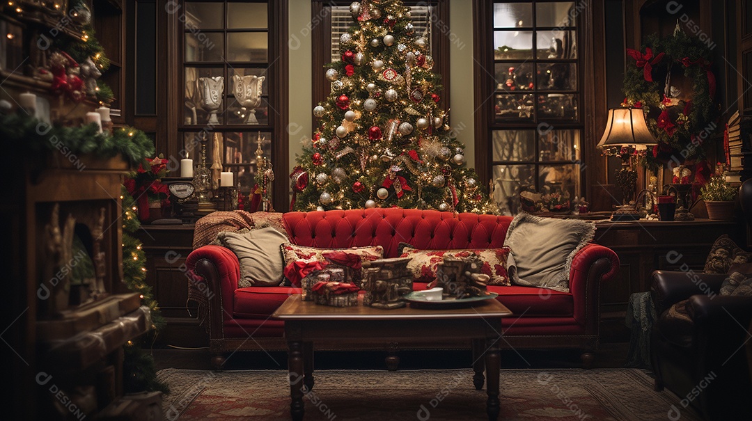 Cenário de Natal com quarto decorado com árvore de Natal e enfeites e presentes.