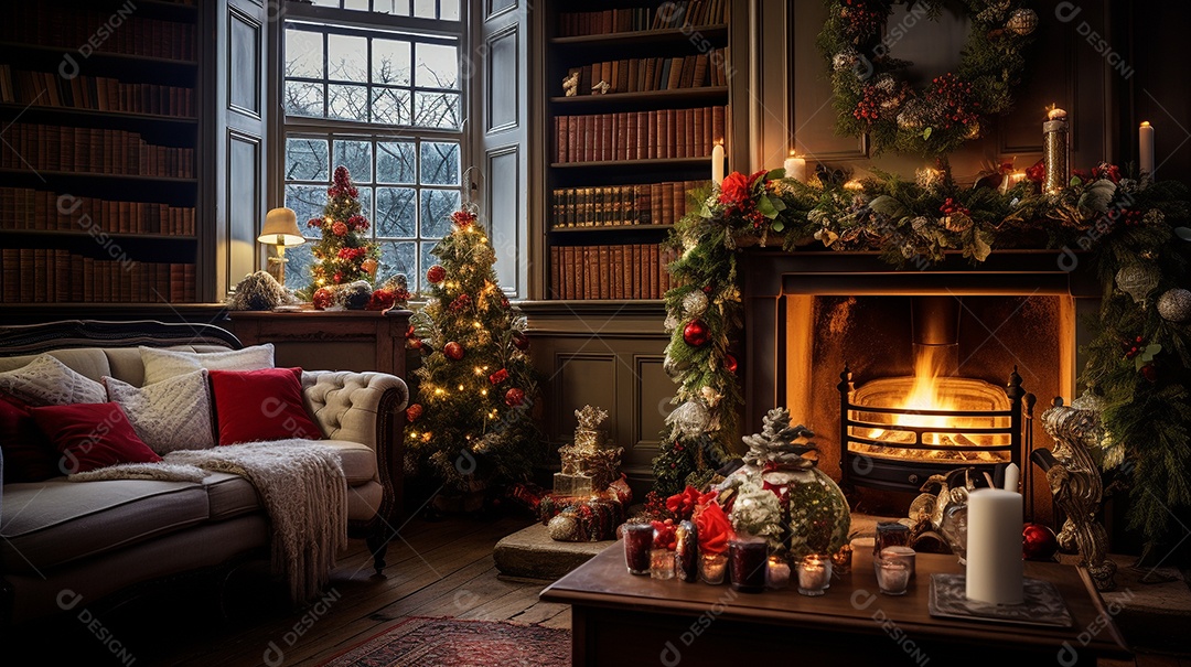 Cenário de Natal com quarto decorado com árvore de Natal e enfeites e presentes.