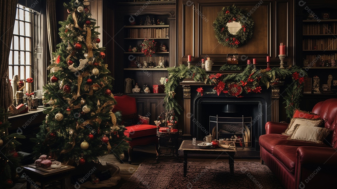 Cenário de Natal com quarto decorado com árvore de Natal e enfeites e presentes.