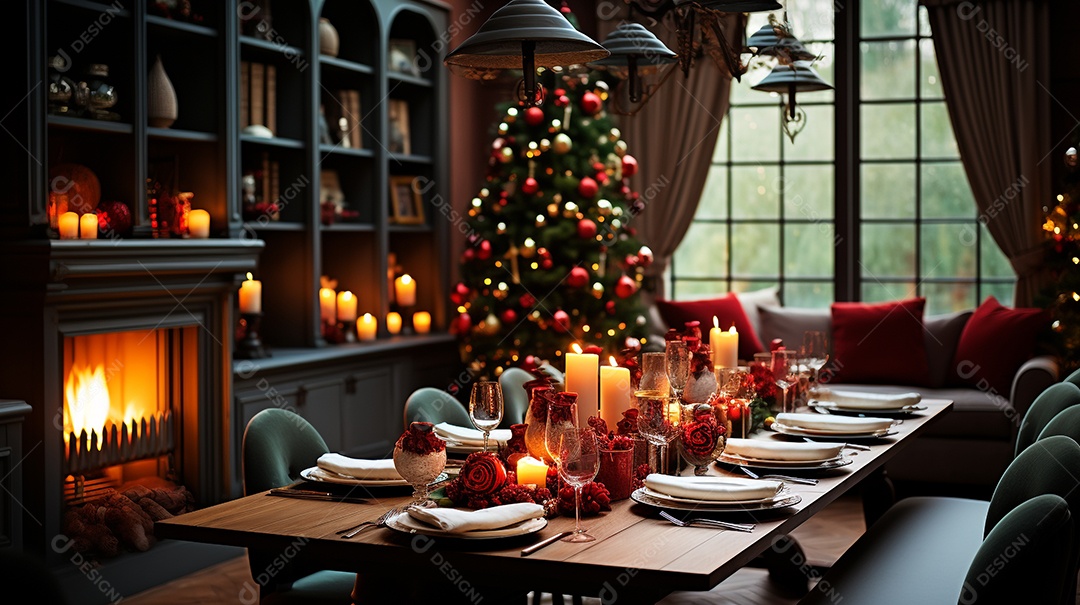 Cenário de Natal com quarto decorado com árvore de Natal e enfeites e presentes.