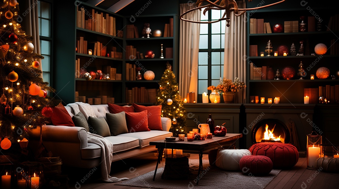 Cenário de Natal com quarto decorado com árvore de Natal e enfeites e presentes.