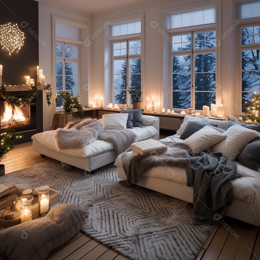 Cenário de Natal com quarto decorado com árvore de Natal e enfeites e presentes.