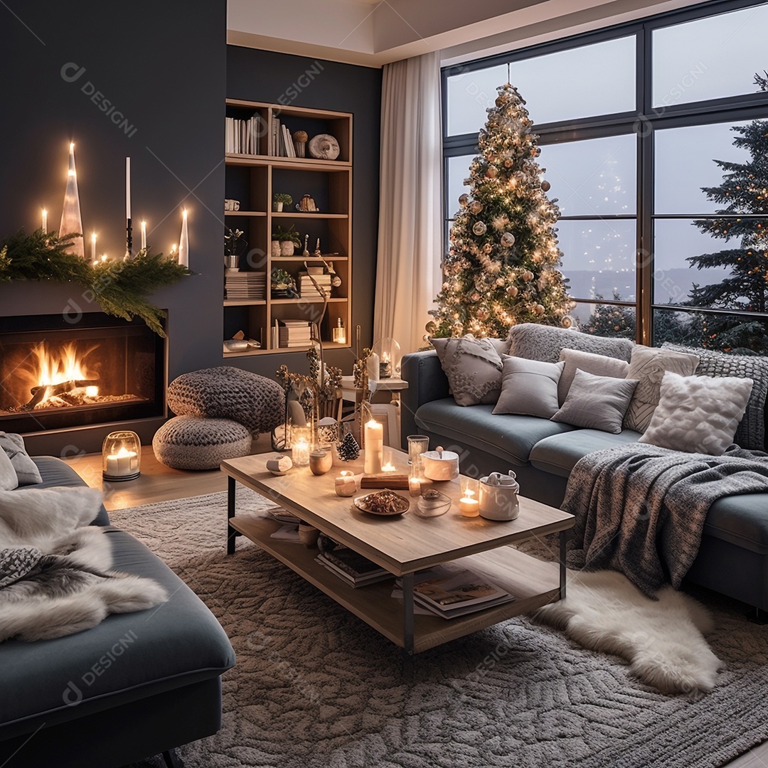 Cenário de Natal com quarto decorado com árvore de Natal e enfeites e presentes.