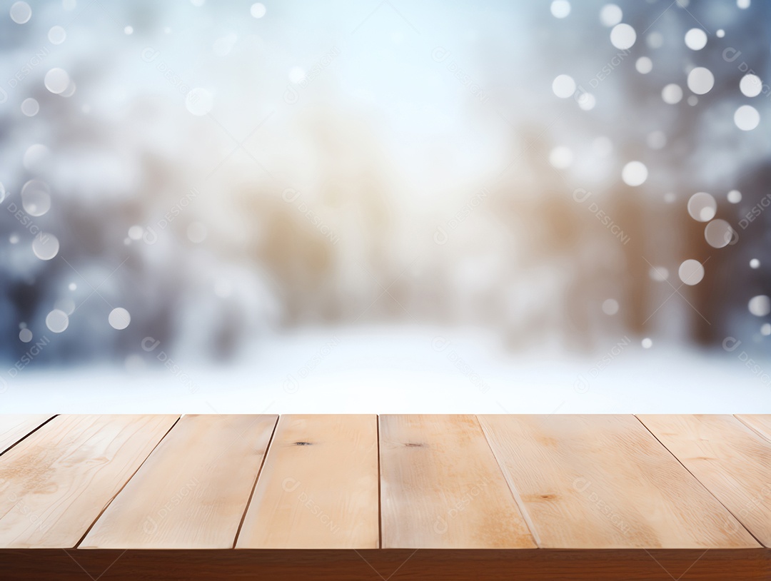 Tampo de mesa de madeira vazio abstrato com espaço de cópia sobre o bokeh de inverno de Natal desfocado o fundo claro