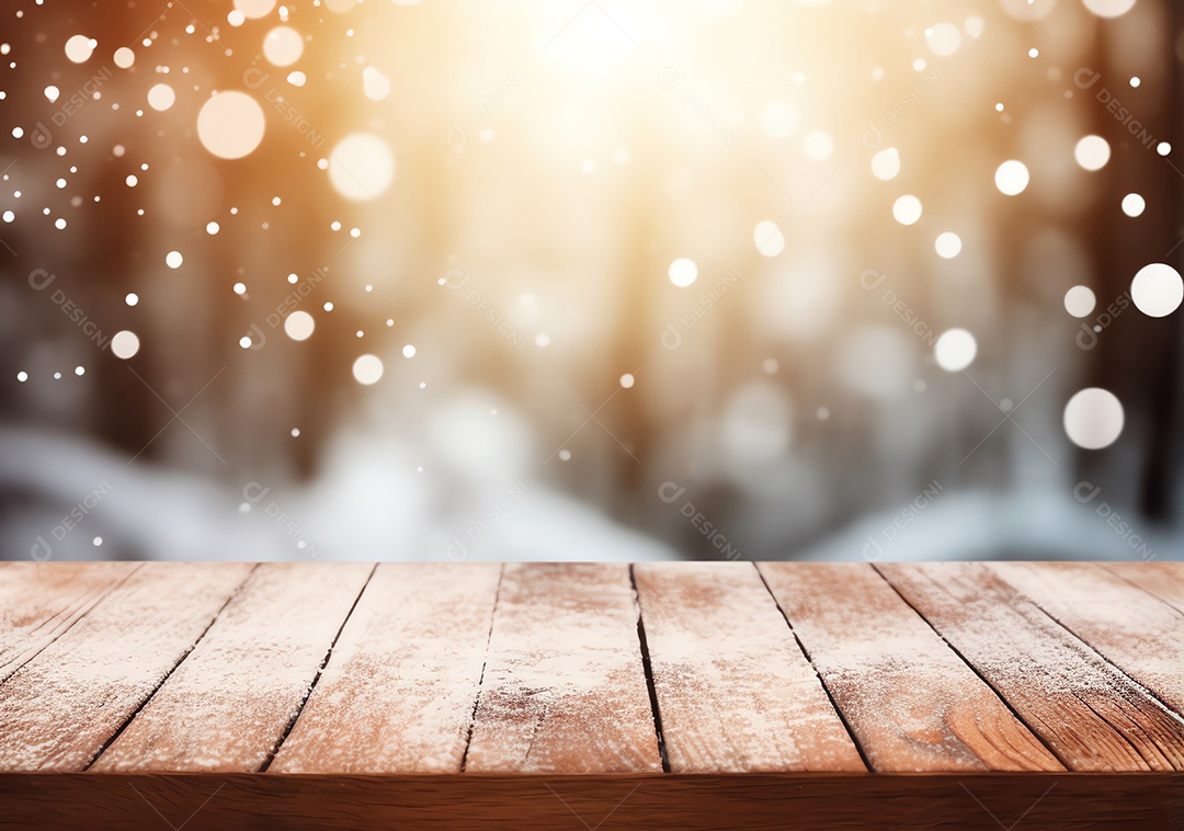 Tampo de mesa de madeira vazio abstrato com espaço de cópia sobre o bokeh de inverno de Natal desfocado o fundo claro