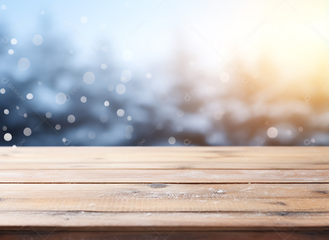 Tampo de mesa de madeira vazio abstrato com espaço de cópia sobre o bokeh de inverno de Natal desfocado o fundo claro