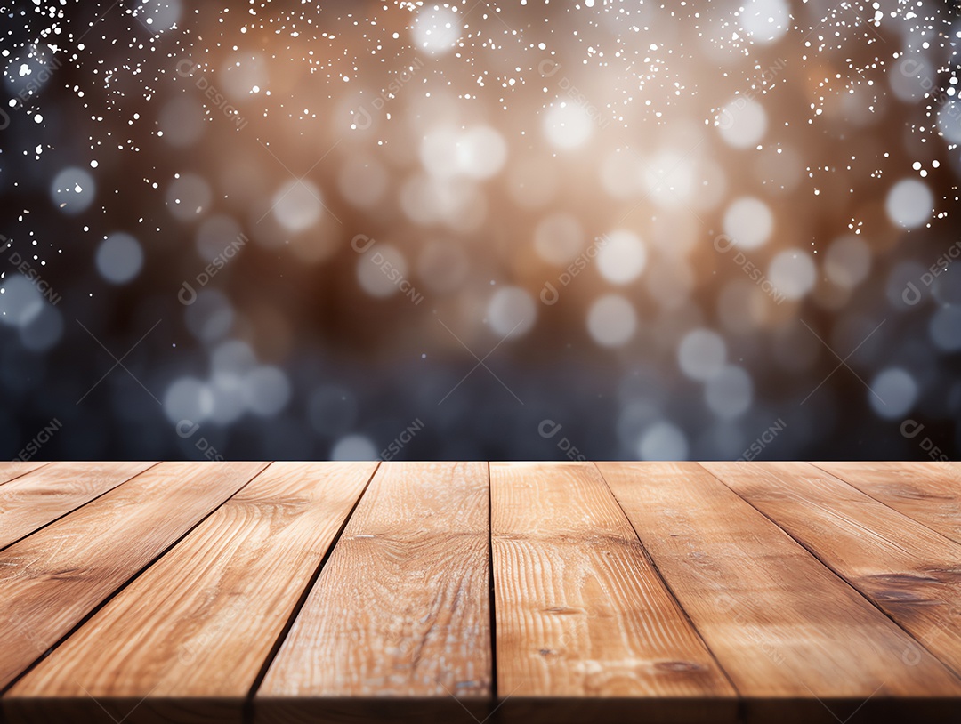 Tampo de mesa de madeira vazio abstrato com espaço de cópia sobre o bokeh de inverno de Natal desfocado o fundo claro