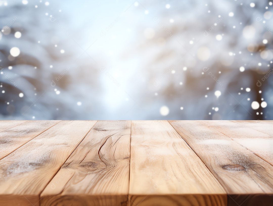 Tampo de mesa de madeira vazio abstrato com espaço de cópia sobre o bokeh de inverno de Natal desfocado o fundo claro