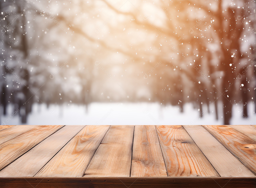 Tampo de mesa de madeira vazio abstrato com espaço de cópia sobre o bokeh de inverno de Natal desfocado o fundo claro