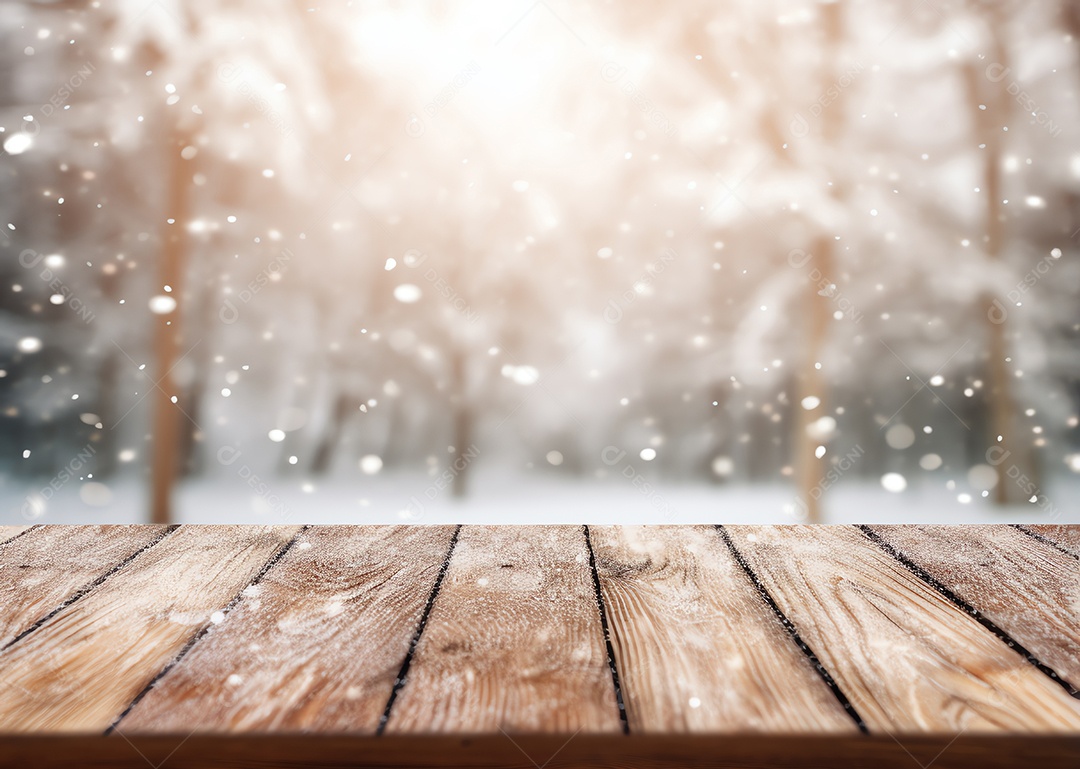 Tampo de mesa de madeira vazio abstrato com espaço de cópia sobre o bokeh de inverno de Natal desfocado o fundo claro