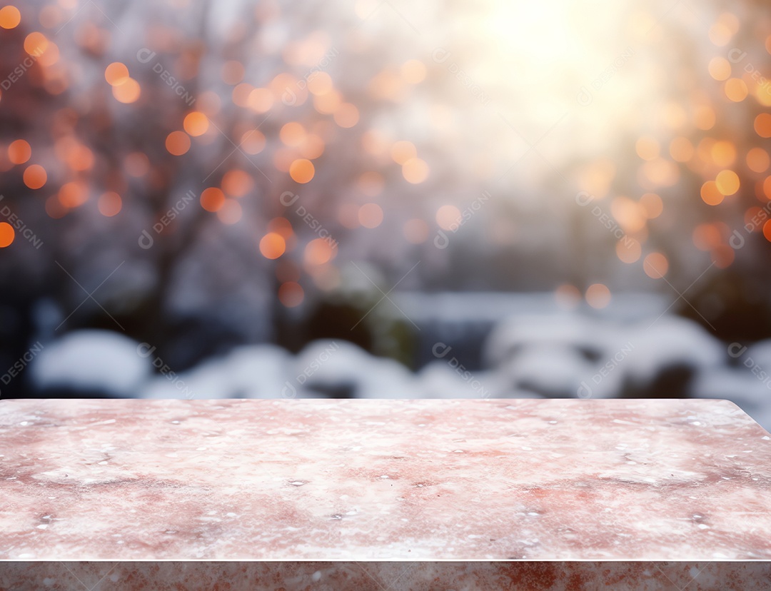 Tampo de mesa de madeira vazio abstrato com espaço de cópia sobre o bokeh de inverno de Natal desfocado o fundo claro