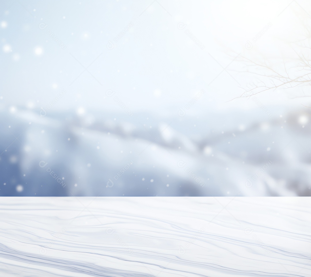 Tampo de mesa de madeira vazio abstrato com espaço de cópia sobre o bokeh de inverno de Natal desfocado o fundo claro