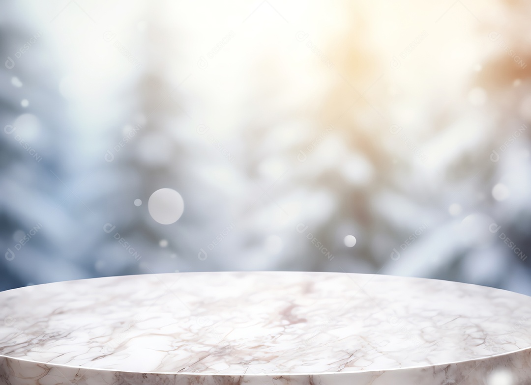 Tampo de mesa de mármore vazio abstrato com espaço de cópia sobre o bokeh de inverno de Natal desfocado o fundo claro