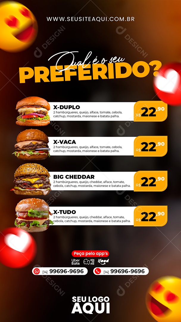 Story Qual é o Seu Preferido Cardápio Hamburgueria Social Media PSD Editável