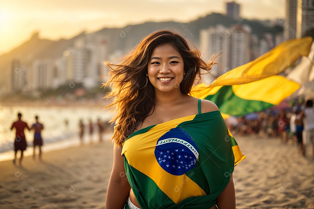 Linda mulher jovem brasileira sobre uma praia