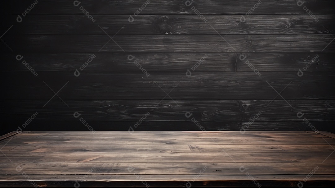 Mesa de madeira em branco no fundo da parede do quadro preto, maquete e exibição para produto