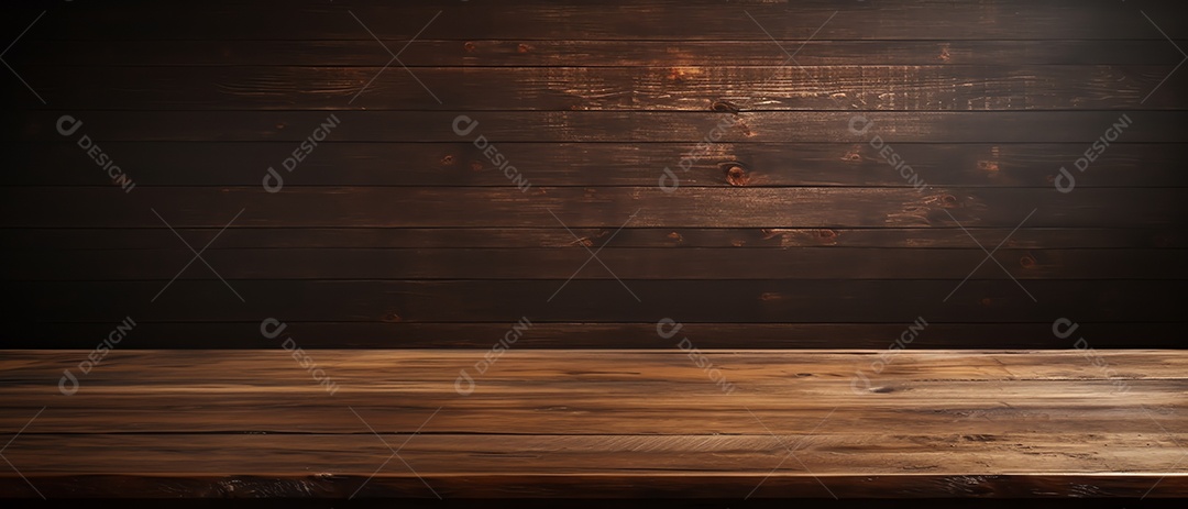 Mesa de madeira em branco no fundo da parede do quadro preto, maquete e exibição para produto