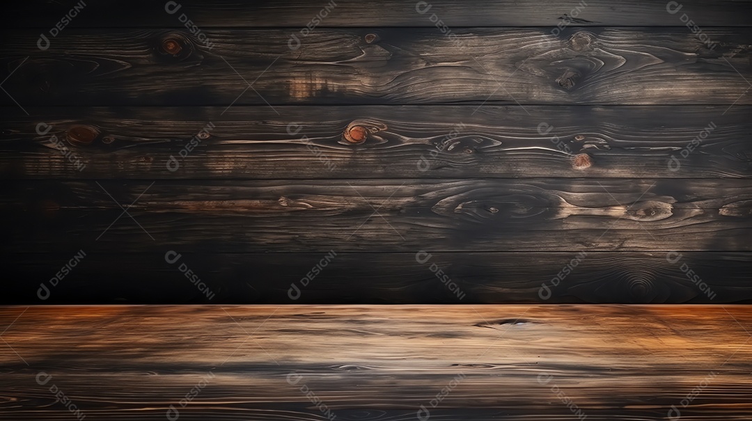 Mesa de madeira em branco no fundo da parede do quadro preto, maquete e exibição para produto