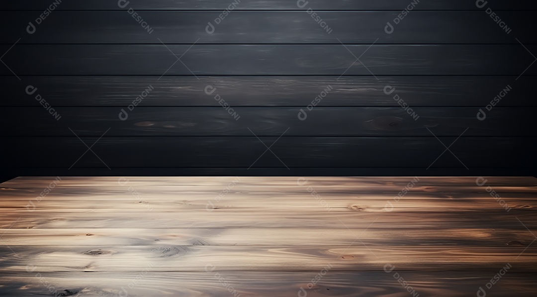 Mesa de madeira em branco no fundo da parede do quadro preto, maquete e exibição para produto