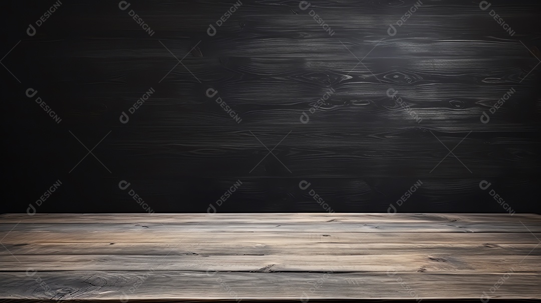 Mesa de madeira em branco no fundo da parede do quadro preto, maquete e exibição para produto