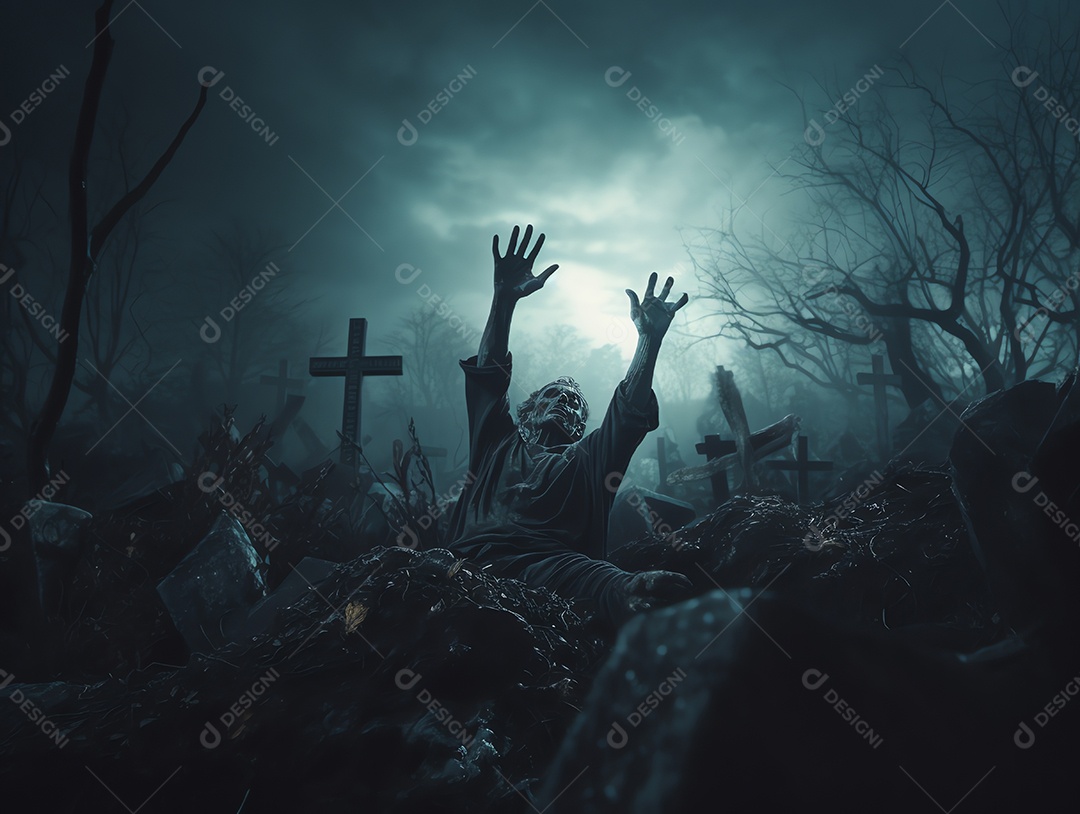 Mão de zumbi subindo na lápide na noite escura e assustadora, fundo de Halloween