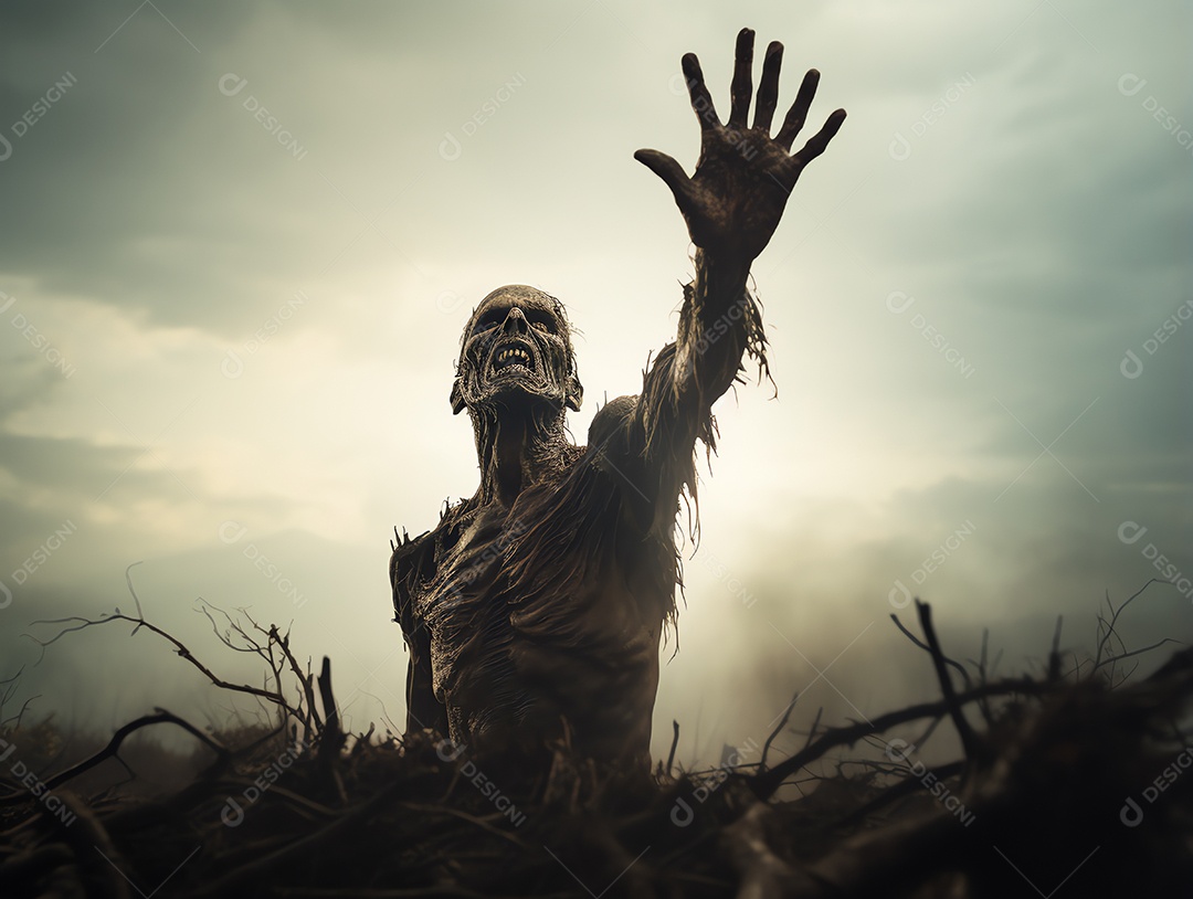 Mão de zumbi subindo na lápide na noite escura e assustadora, fundo de Halloween