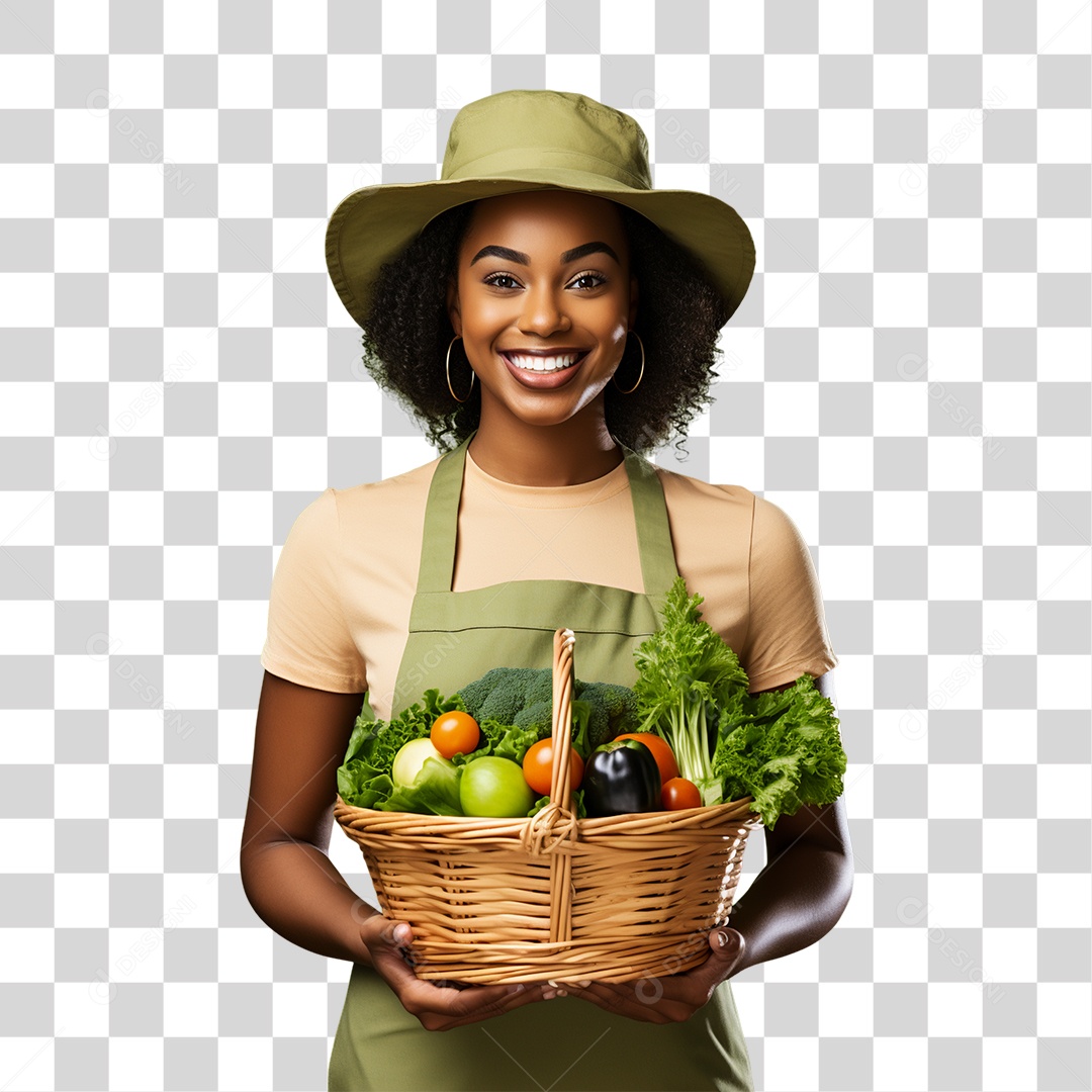 Mulher Segurando Cesta com Verduras Legumes e Frutas PNG Transparente