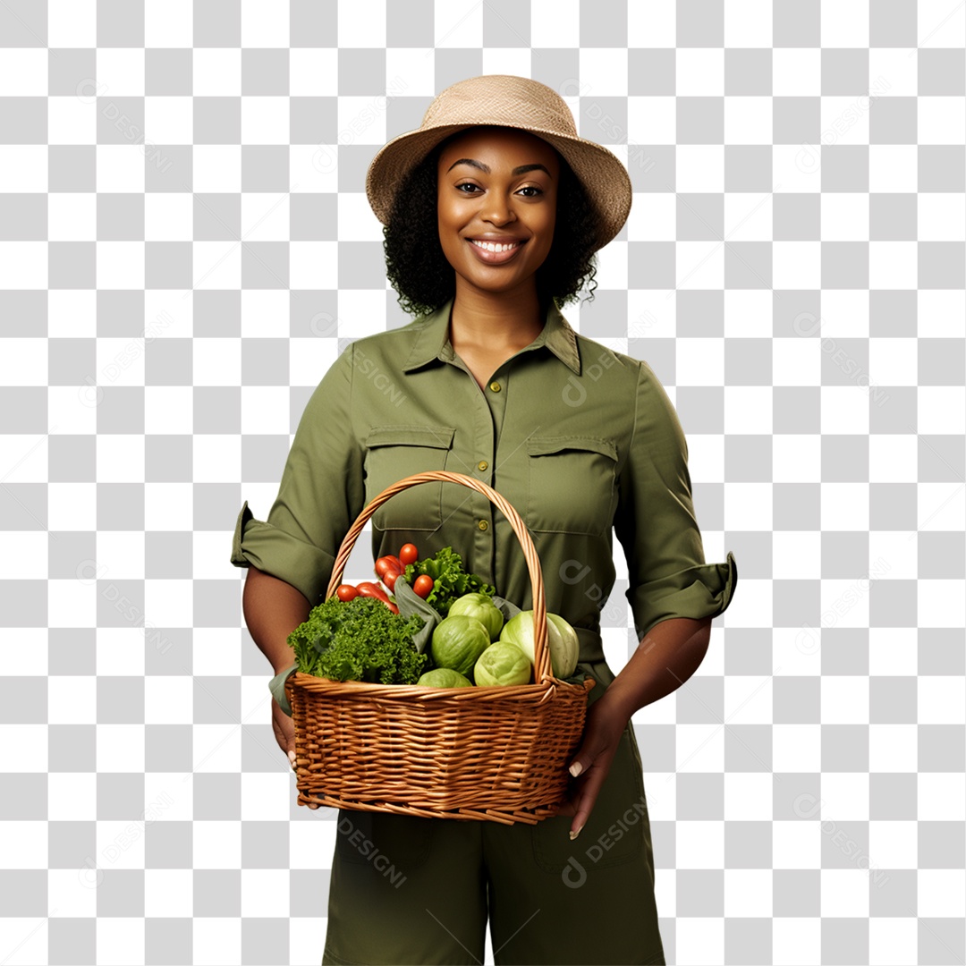 Mulher Segurando Cesta com Verduras Legumes e Frutas PNG Transparente