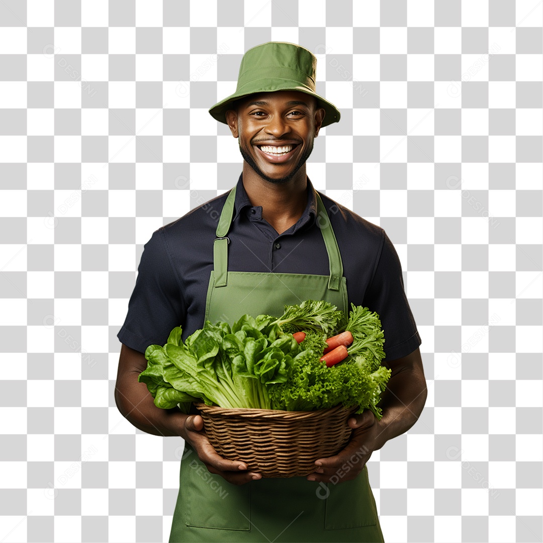 Homem Segurando Caixa com Verduras Legumes e Frutas PNG Transparente