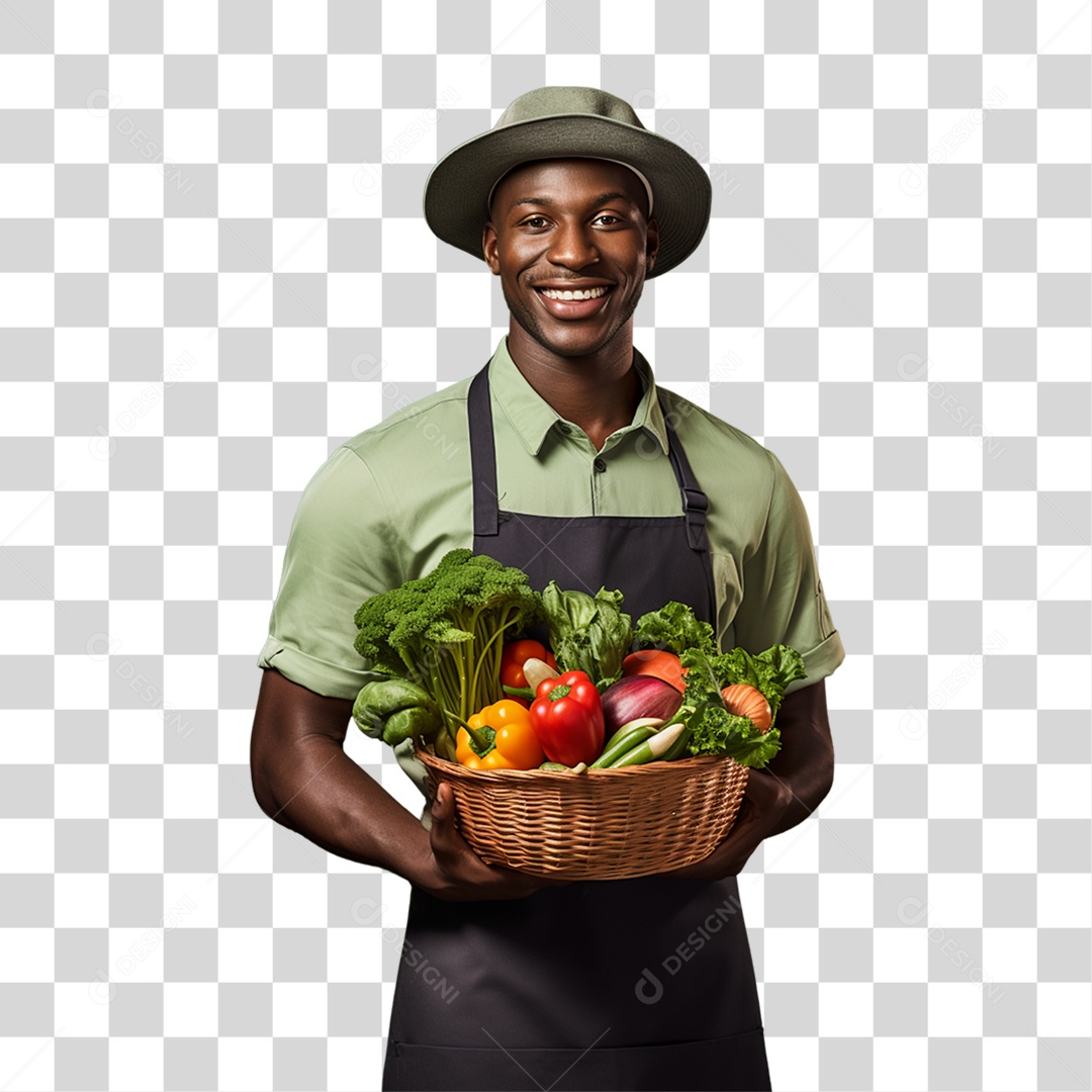 Homem Segurando Cesta com Verduras Legumes e Frutas PNG Transparente