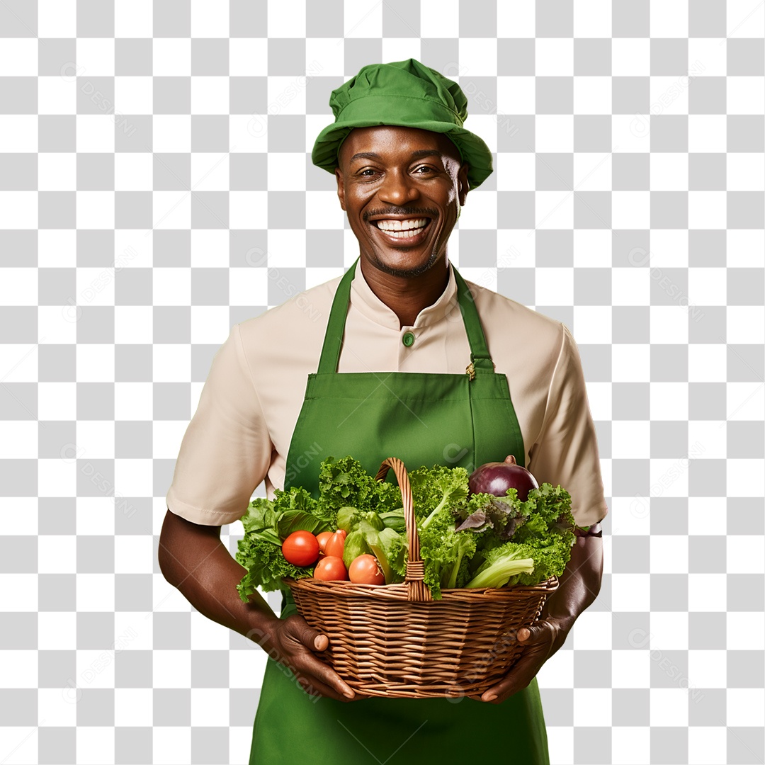 Homem Segurando Cesta com Verduras Legumes e Frutas PNG Transparente