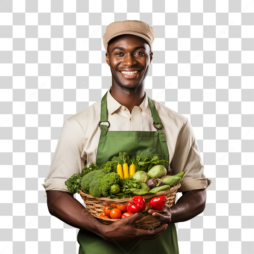 Homem Segurando Cesta com Verduras Legumes e Frutas PNG Transparente