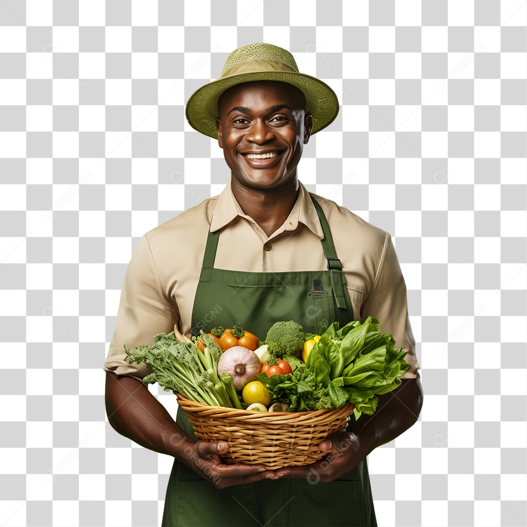 Homem Segurando Cesta com Verduras Legumes e Frutas PNG Transparente
