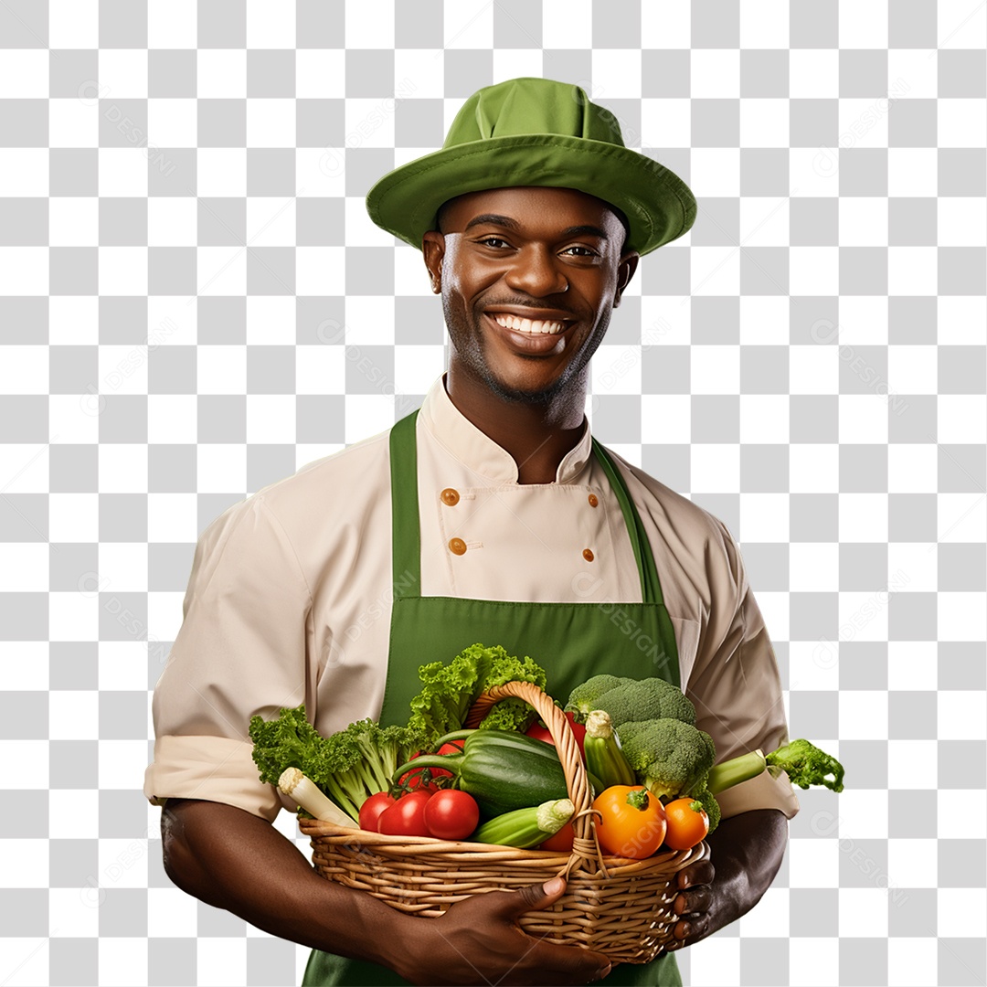 Homem Segurando Cesta com Verduras Legumes e Frutas PNG Transparente